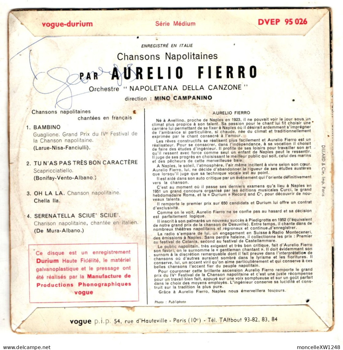 Aurelio Fierro - 45 T EP Chansons Napolitaines (1957) - 45 T - Maxi-Single