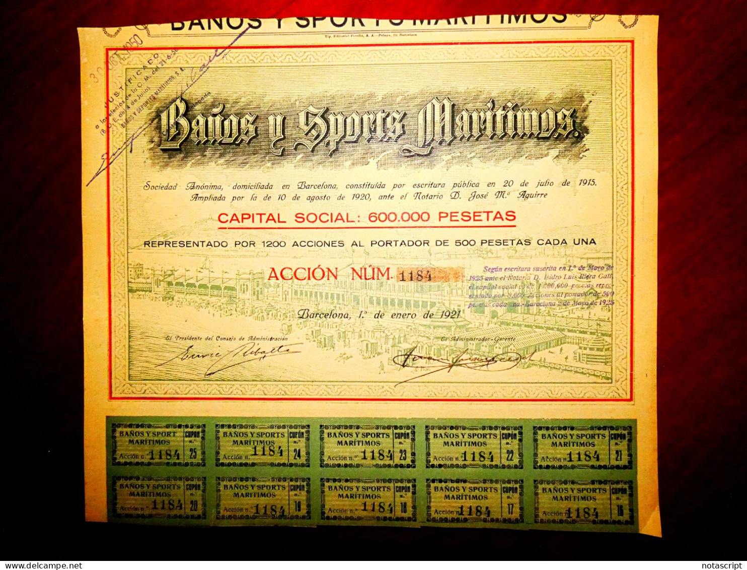 Baños Y Sports Marítimos" ,Barcelona Spain  1921   Share Certificate - Sports