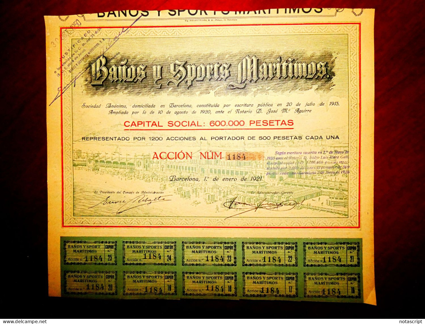 Baños Y Sports Marítimos" ,Barcelona Spain  1921   Share Certificate - Deportes