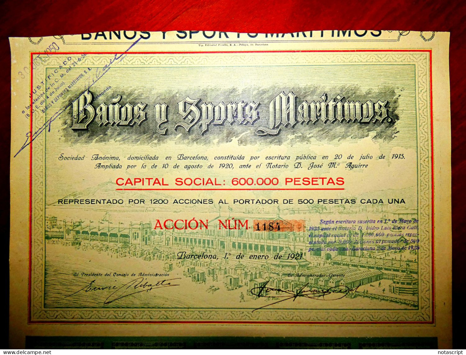 Baños Y Sports Marítimos" ,Barcelona Spain  1921   Share Certificate - Sport
