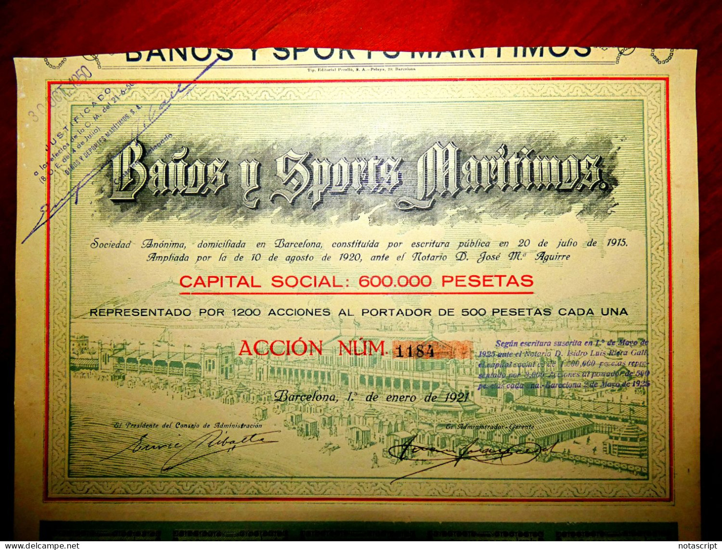 Baños Y Sports Marítimos" ,Barcelona Spain  1921   Share Certificate - Sports