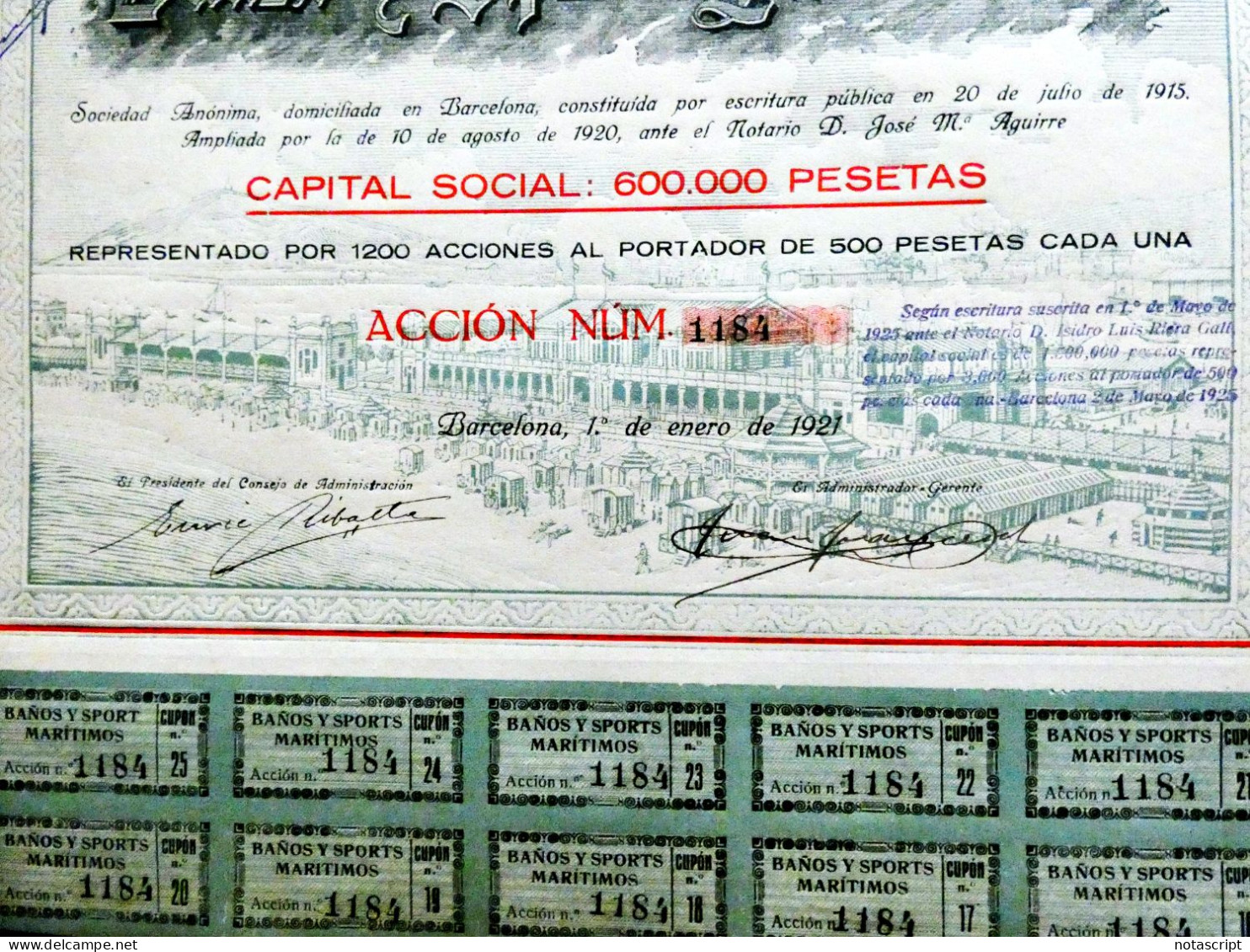 Baños Y Sports Marítimos" ,Barcelona Spain  1921   Share Certificate - Sport