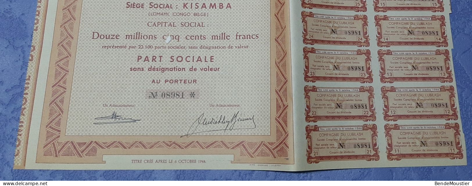 Compagnie Du Lubilash - Société Congolaise - Kisamba - Part Sociale Au Porteur - Lomani 1949. - Railway & Tramway