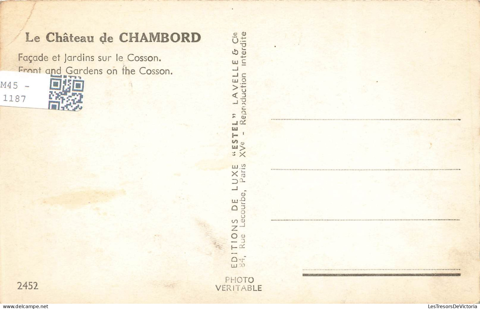 FRANCE - Chambord - Le Château - Façade Et Jardins Sur Le Cosson - Carte Postale Ancienne - Chambord