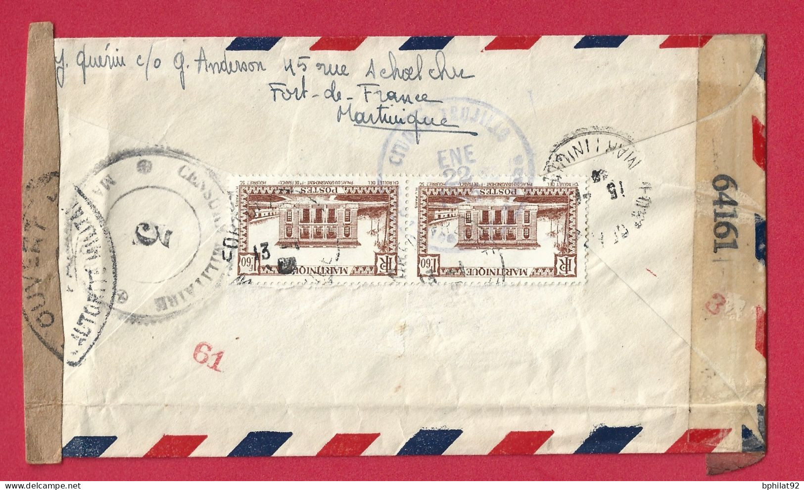 !!! MARTINIQUE, LETTRE PAR AVION DE FORT-DE-FRANCE POUR LA RÉPUBLIQUE DOMINICAINE DE 1945 AVEC TRIPLE CENSURE AU VERSO - Airmail