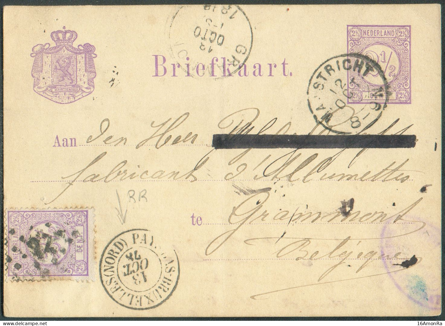 PAYS-BAS - E.P. 2½c. + Tp N°33 Obl. Sc MAASTRICHT 12 Oct. 1877 Vers Grammont, Avec Cachet (rare) PAYS-BAS BRUXELLES (NOR - Officinas De Paso