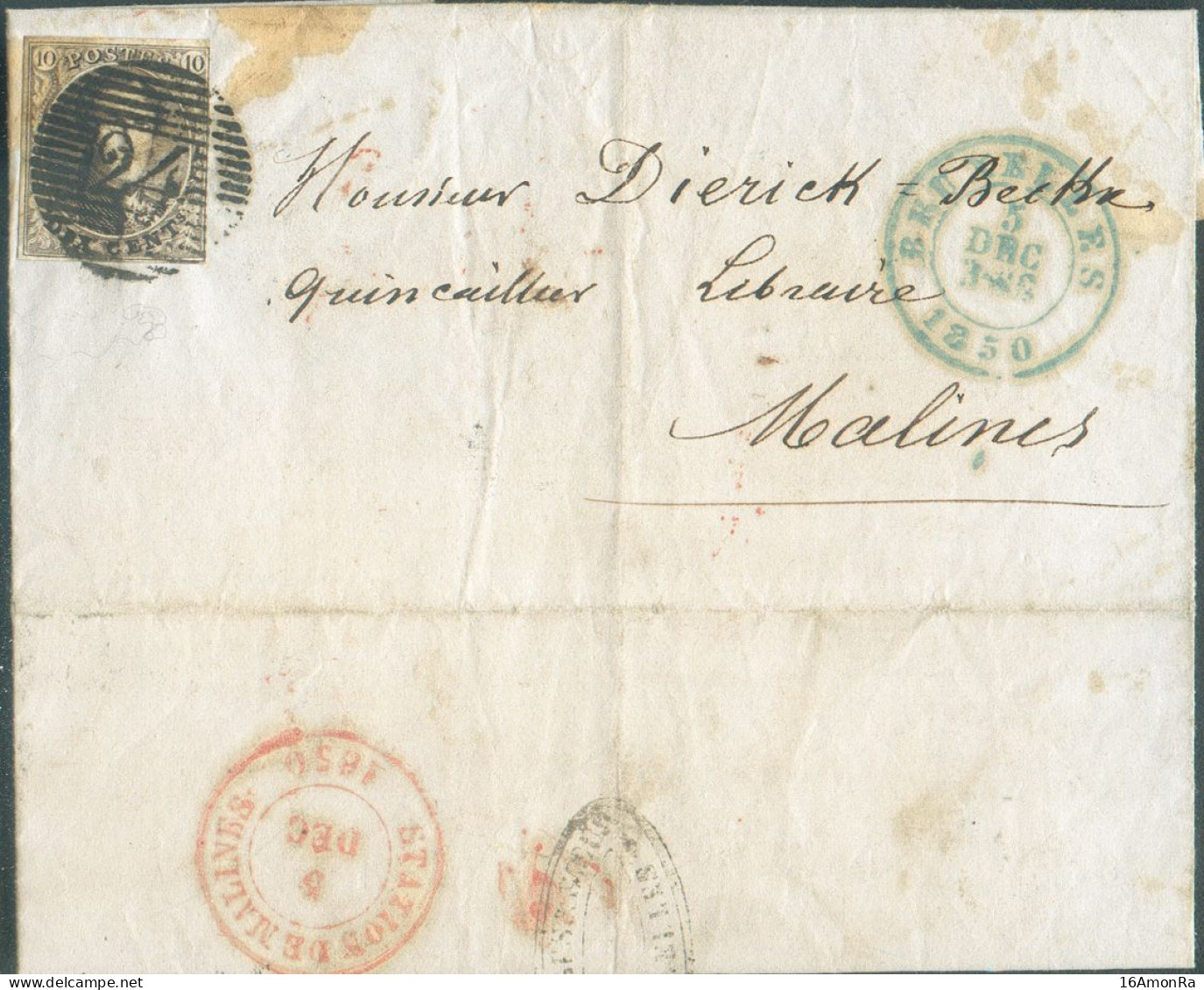N°3 - Médaillon 10 Centimes Brun, Bien Margé, Obl. P.24 Sur Lettre De BRUXELLES 5 DEC. 1850 Vers Malines (verso : Dc STA - 1849-1850 Medaillen (3/5)