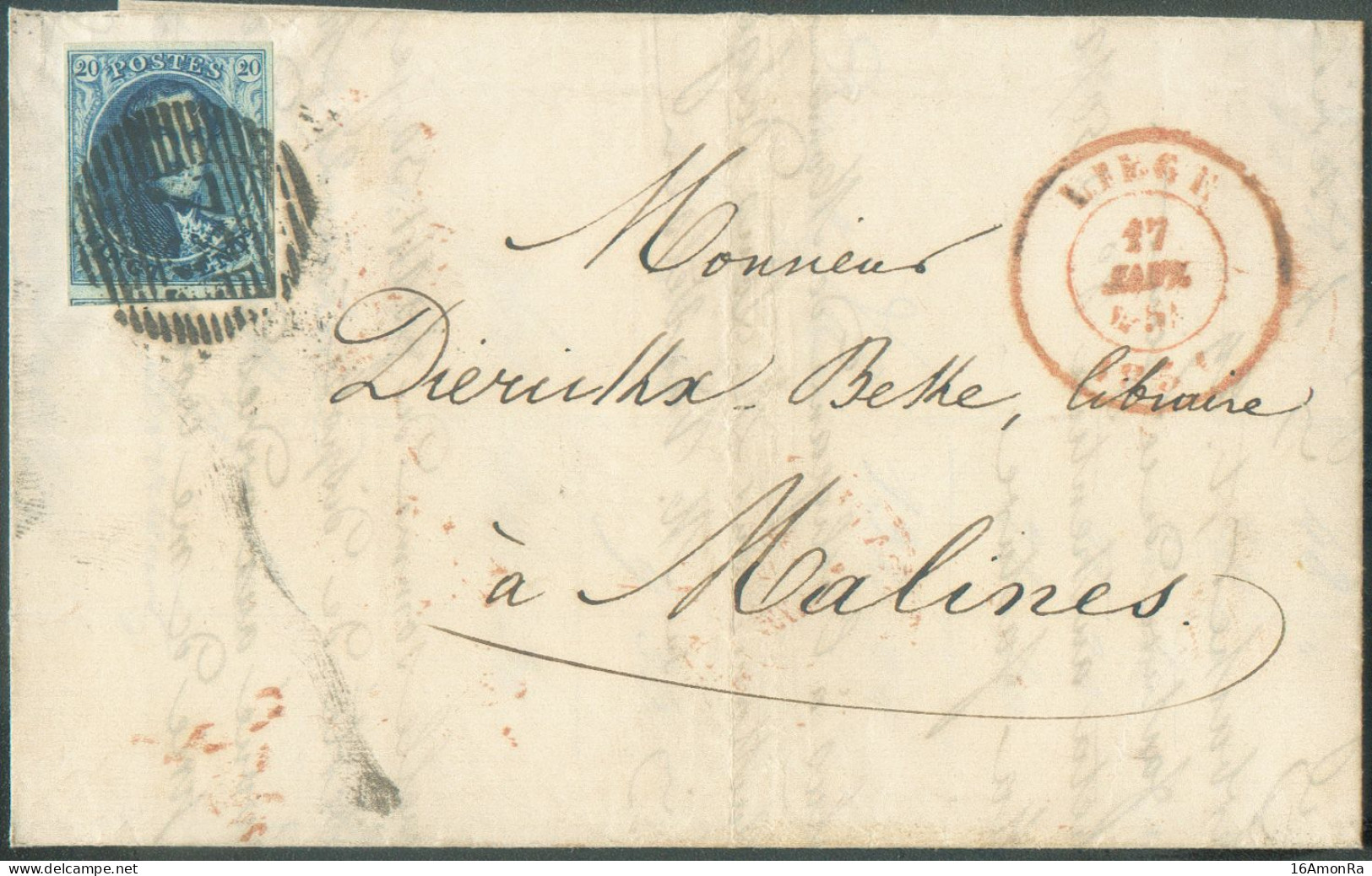 N°4 - Médaillon 20 Centimes Bleu, Très Bien Margé Et Voisin, Obl. P.73 Sur Lettre De LIEGE 17 JANV. 1851 Vers Malines (v - 1849-1850 Medaillons (3/5)