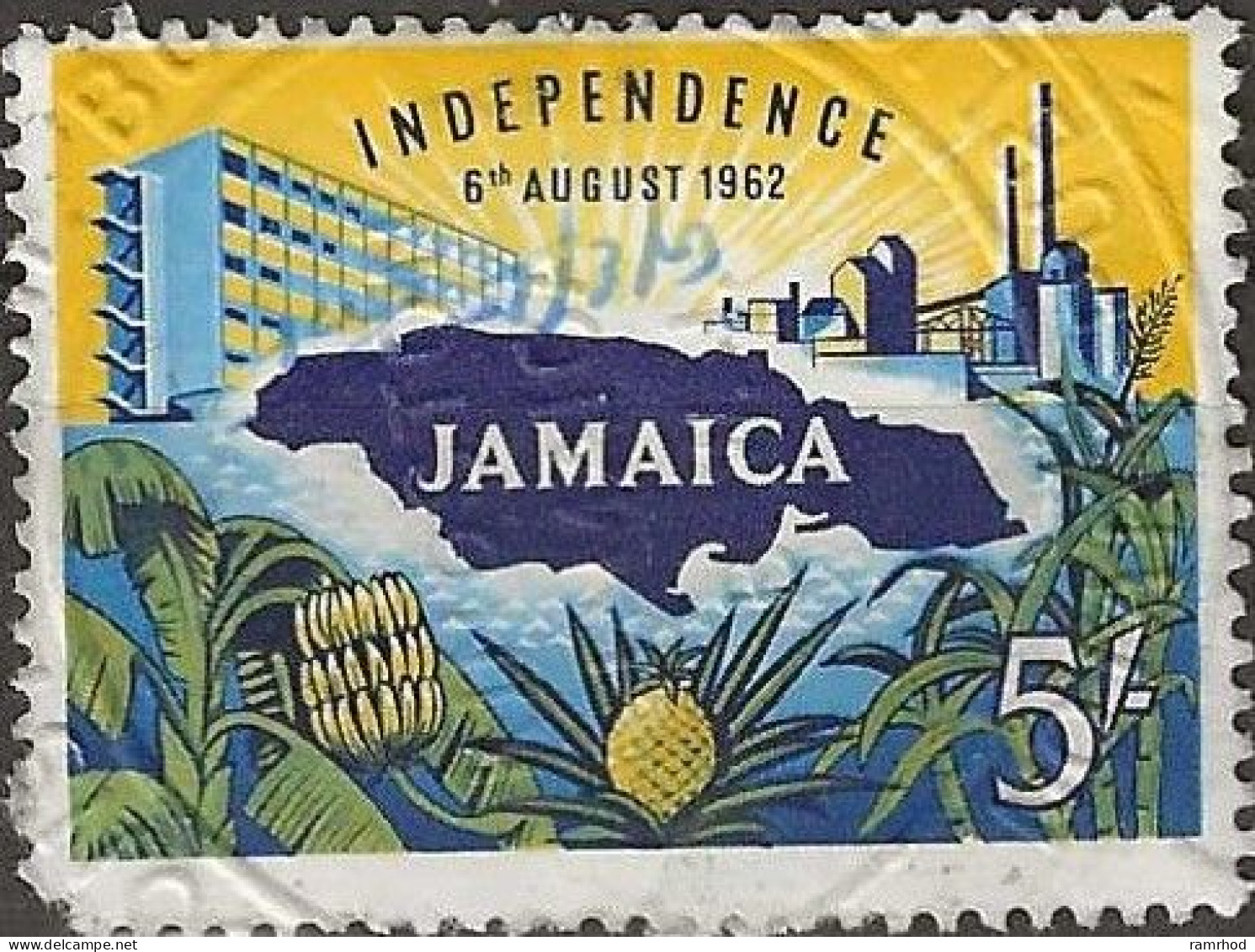 JAMAICA 1962 Independence - 5s. Map, Factories And Fruit PEN CANCELLATION - Jamaica (1962-...)