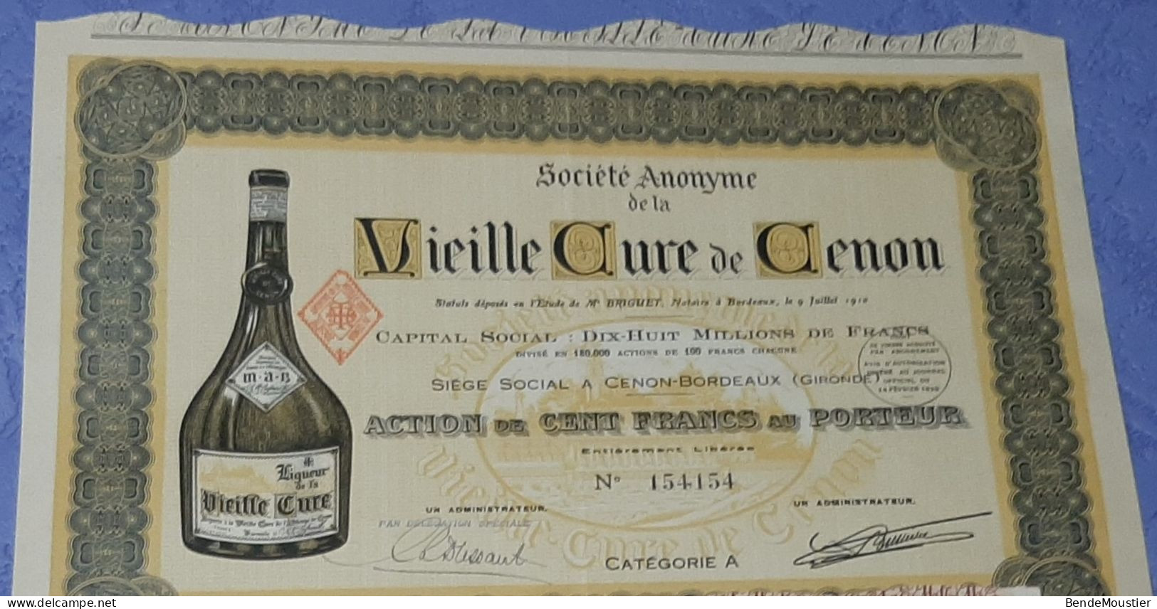 Vieille Cure De Cenon - Action De 2500 Frs - Action De 100 Frs Au Porteur - Cenon-Bordeaux - Gironde 1910 & 1952. - Agriculture