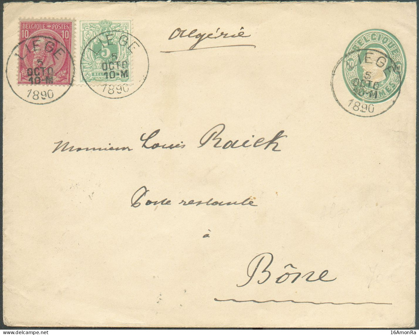 N°45/46 - 5 Et 10c. En Affr. Complémentaire Sur E.P. Env. 10c. Obl. Sc LIEGE Du 5 Octobre 1890 Vers Bône (ALGERIE). Bonn - Sobres