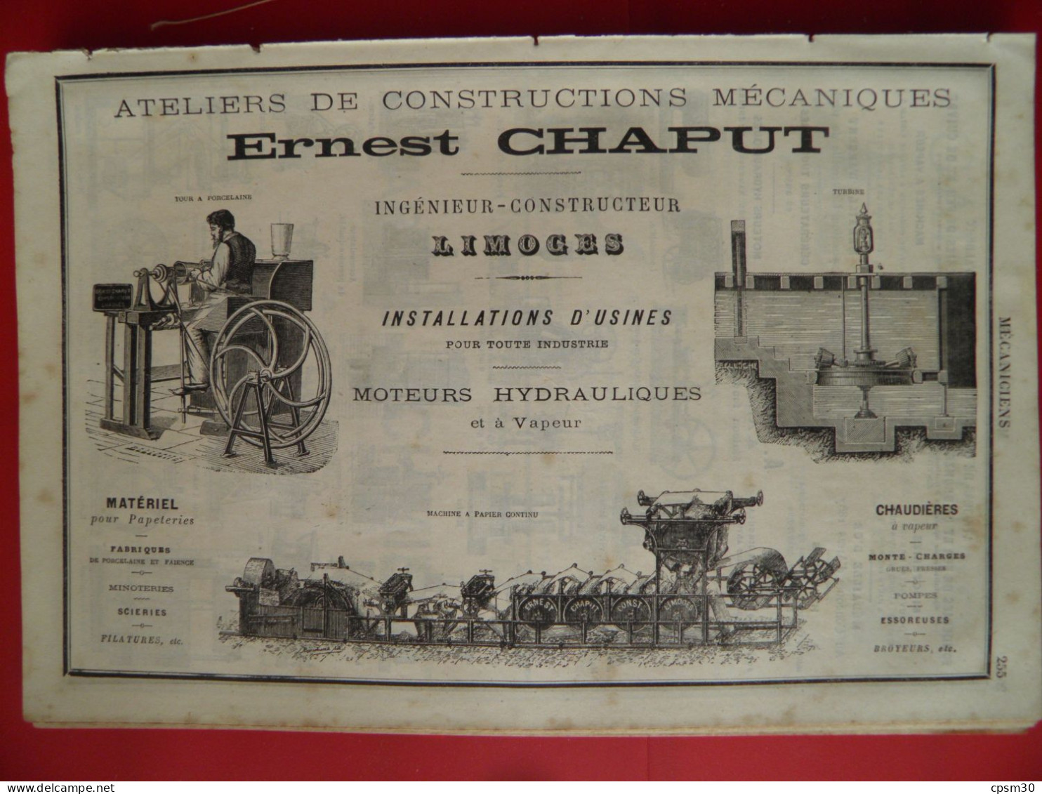 PUB 1884 - Atelier Construction Mécanique E Chaput 87 Limoges, Machine Verticale Horizontale Locomobile Toulet 80 Albert - Publicités