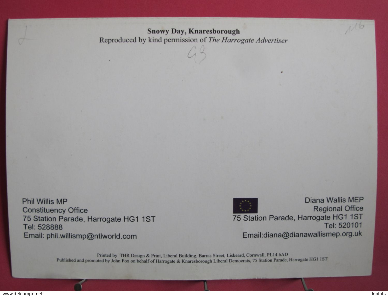 Angleterre - Snowy Day - Knaresborough - Double Carte Phil Willis MP & Diana Wallis MEP - Harrogate