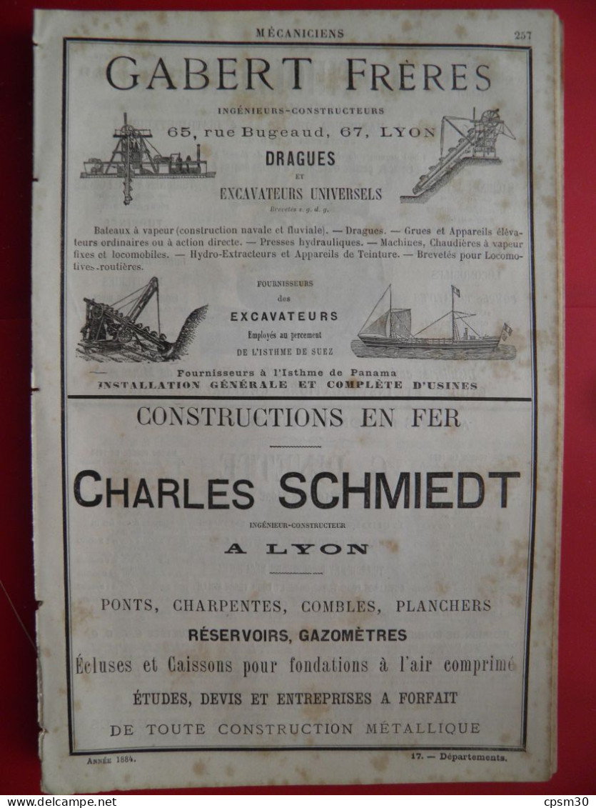 PUB 1884 - Drague Gabert, Construction Fer Schmiedt, Machine à Déclic Thiollier 69 Lyon, Construction Pinette 71 Chalons - Publicités