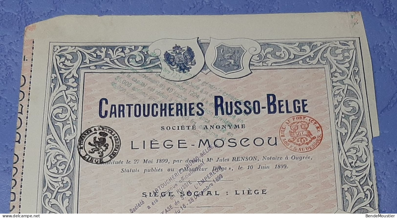 Cartoucheries Russo-Belge S.A. - Liège - Moscou - Action Ordinaire Sans Désignation De Valeur - Liège 1899. - Russland