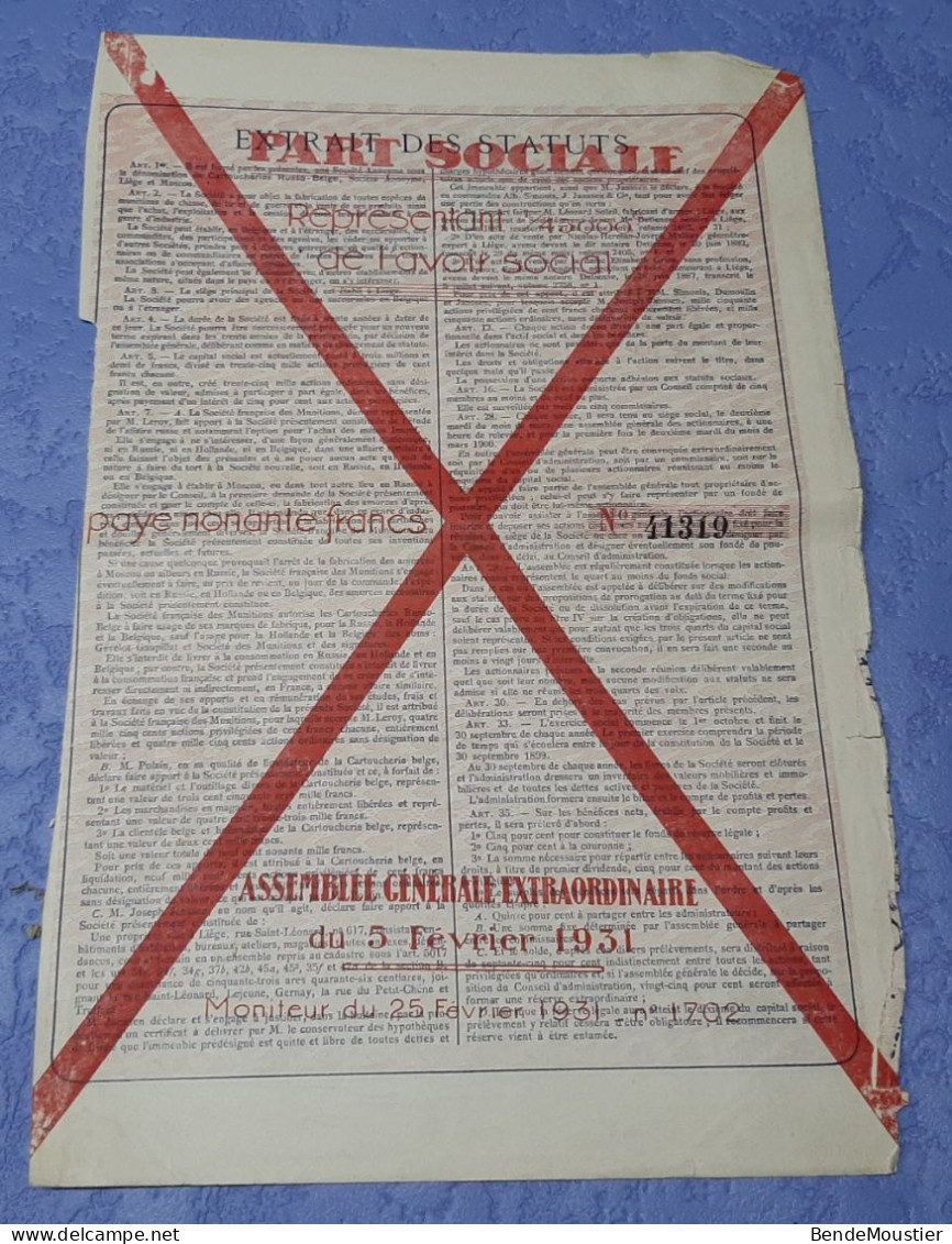 Cartoucheries Russo-Belge S.A. - Liège - Moscou - Action Ordinaire Sans Désignation De Valeur - Liège 1899. - Russie