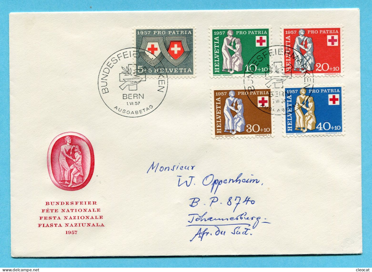 Ersttagsbrief Pro Patria 1957 Auf P3 Nach Johannesburg - Cartas & Documentos