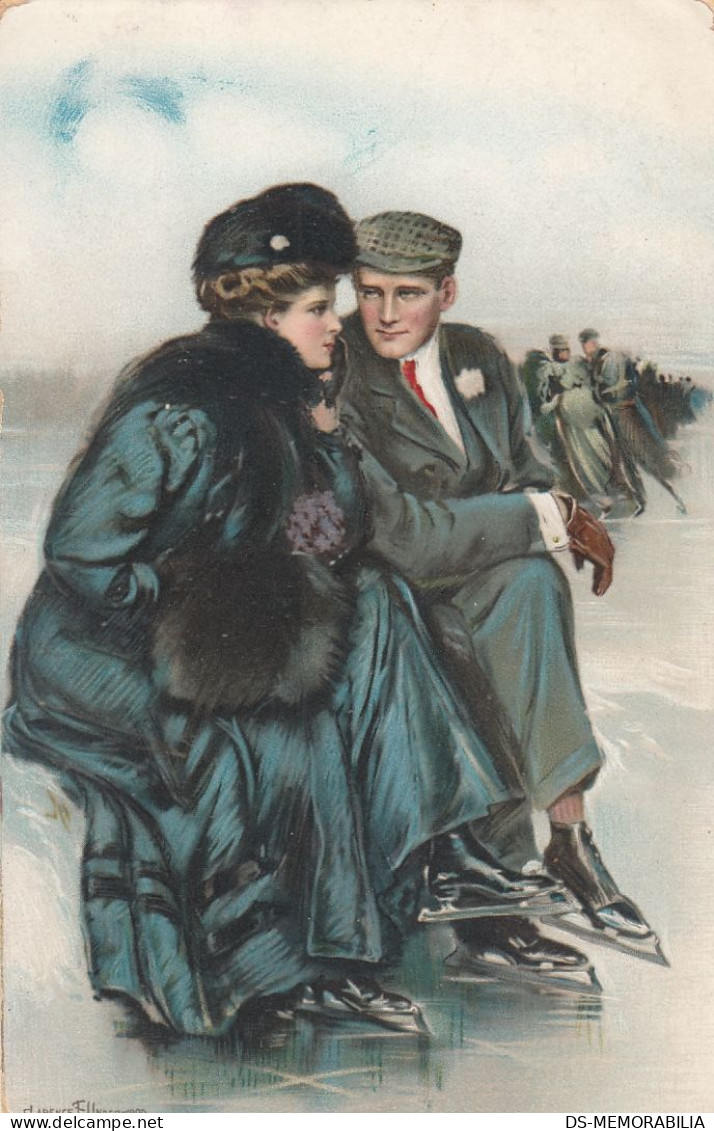 Ice Skating Couple Old Postcard Signed Clarence F.Underwood - Kunstschaatsen