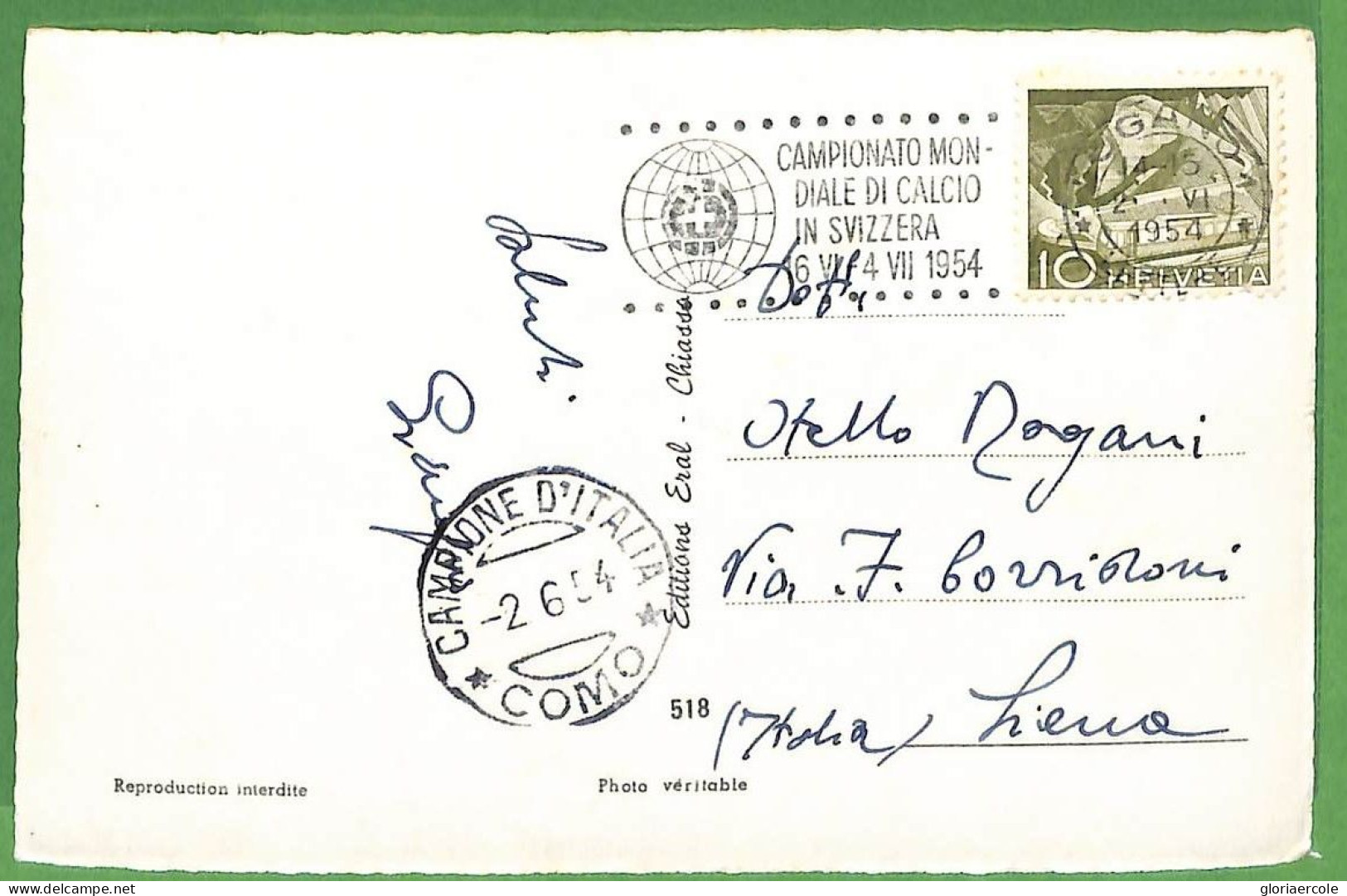 P1033 - SWITZERLAND - POSTAL HISTORY - World FOOTBALL 1954 Postmark - From CAMPIONE D'Italia ! - 1954 – Switzerland