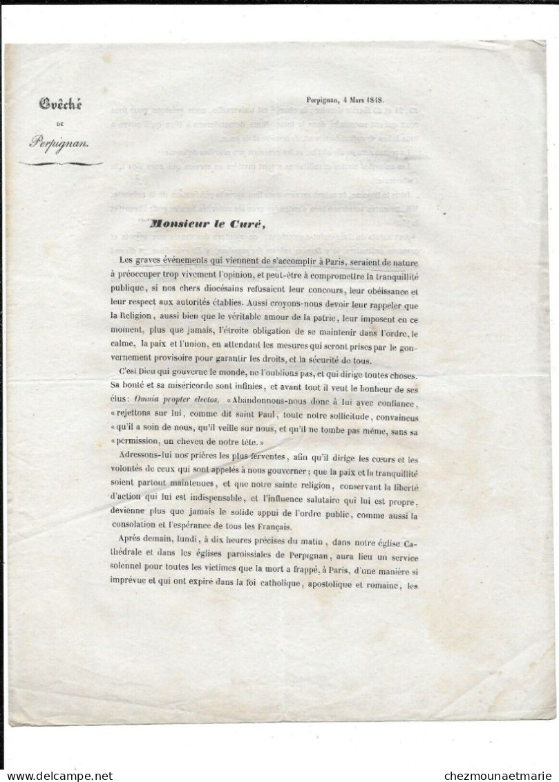 LETTRE EVEQUE PERPIGNAN 1848 AU CURE - CONCERNE GRAVES EVENEMENTS A PARIS - Documentos Históricos