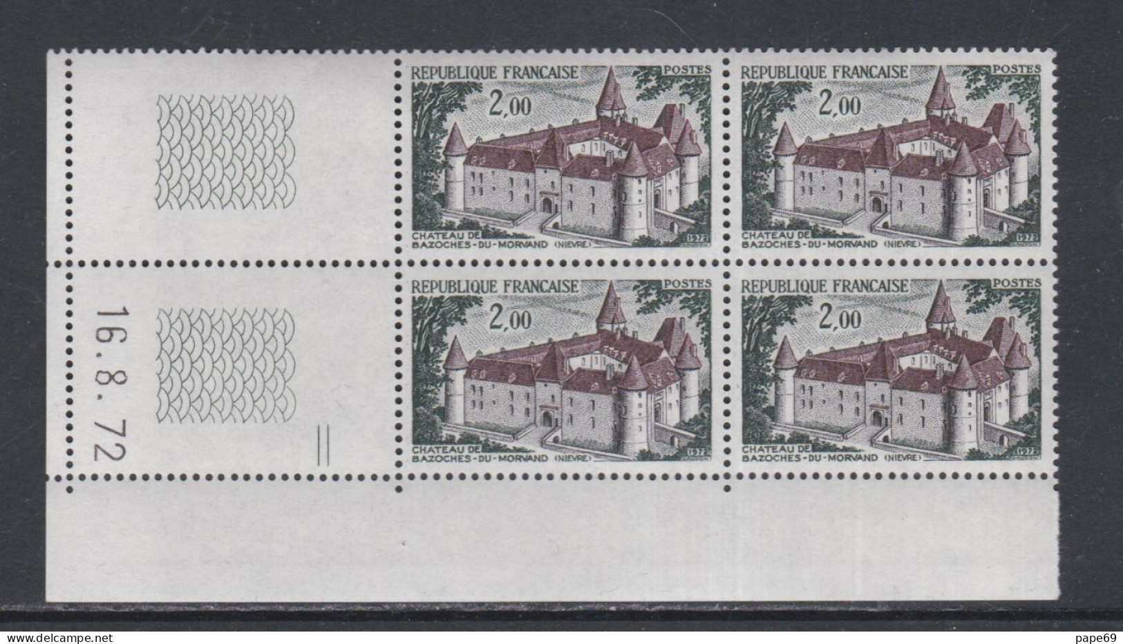 France N° 1726 XX Château De Bazoches En Bloc De 4 Coin Daté Du  8 . 8 . 72 ; 1 Trait ; Sans Charnière, TB - 1970-1979