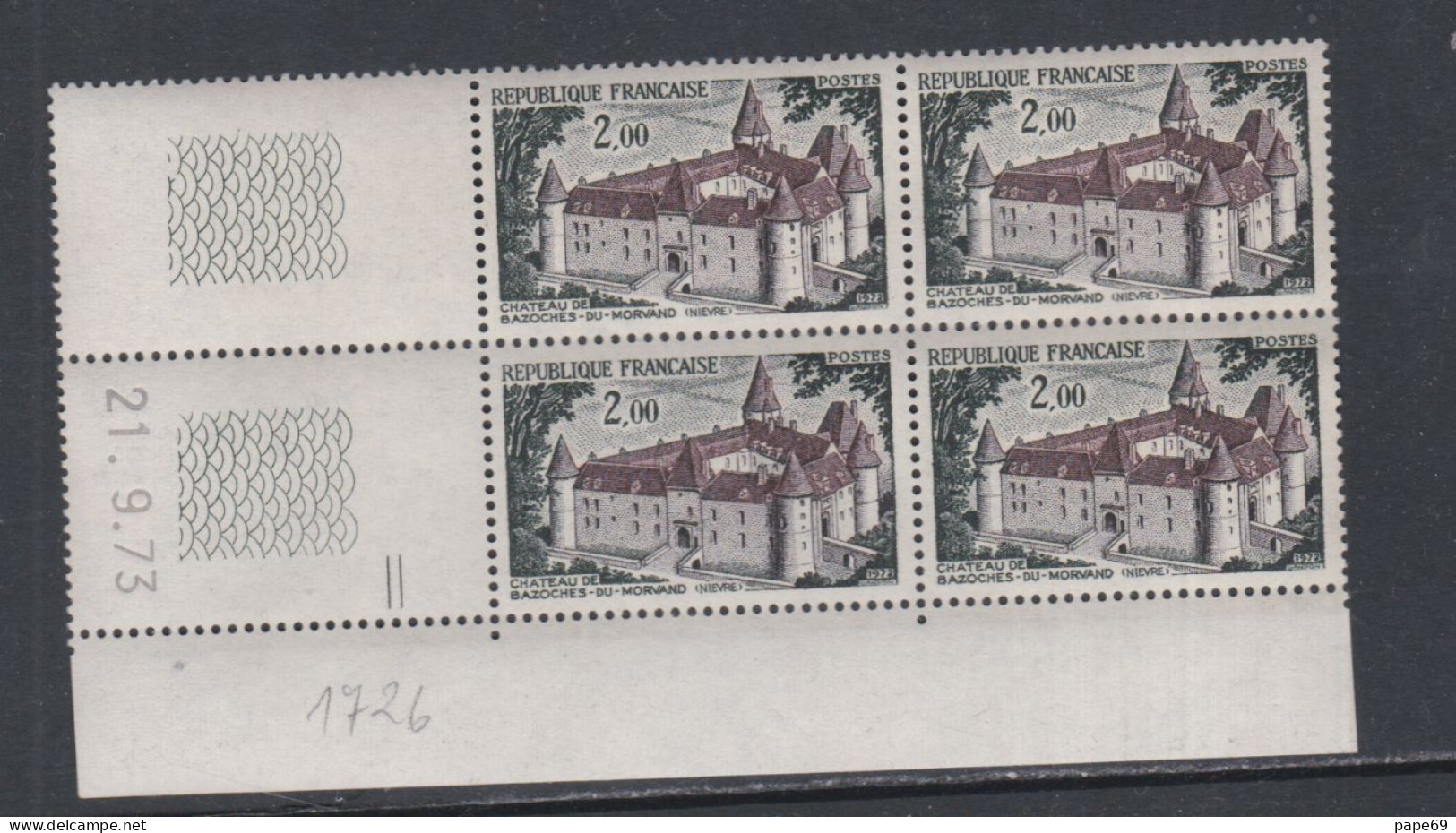 France N° 1726 XX Château De Bazoches En Bloc De 4 Coin Daté Du  21 . 9 . 73 ; 2 Traits ; Sans Charnière, TB - 1970-1979