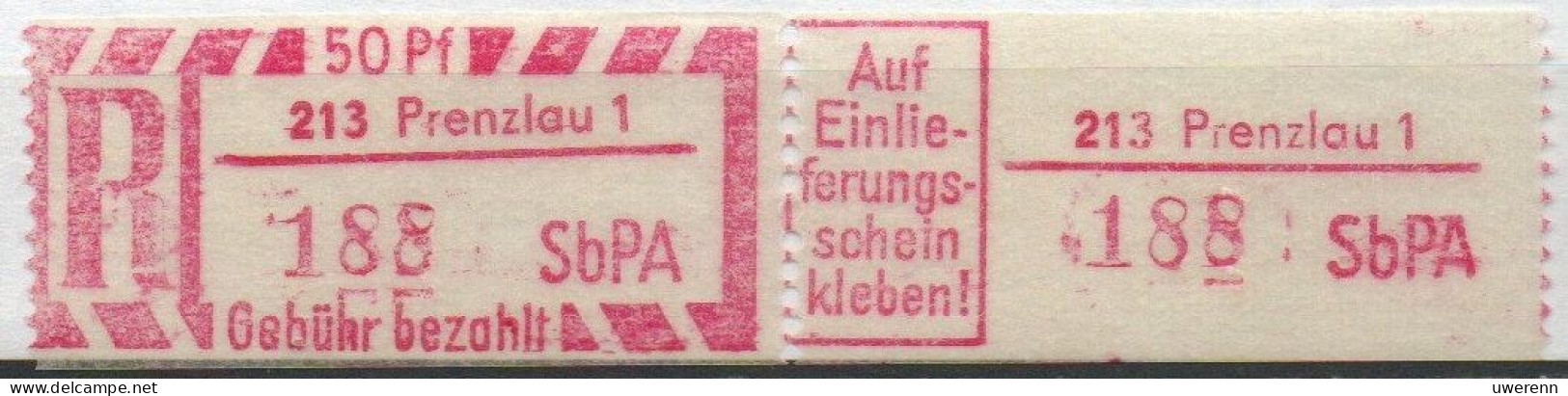 DDR Einschreibemarke Prenzlau SbPA Postfrisch, EM2B-213-1I(1) Zh - R-Zettel