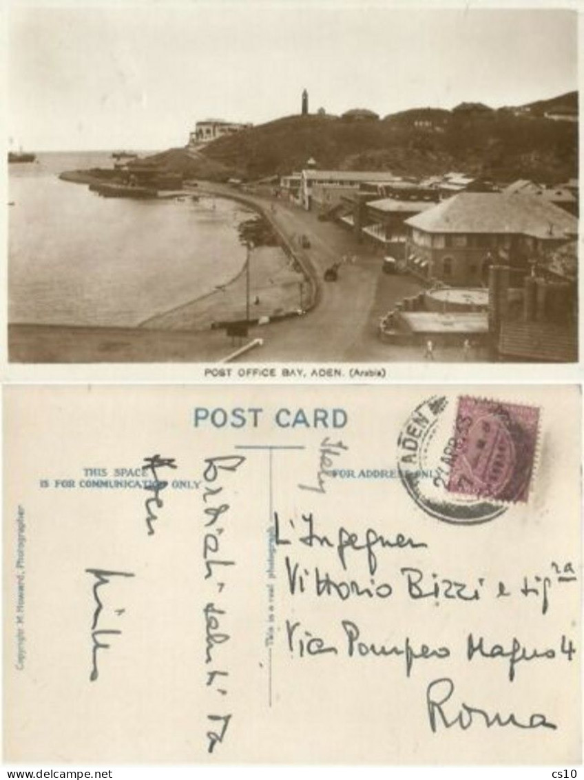 Yemen Aden Post Office Bay B/w Pcard 27apr1933 With India Stamp 2a Nicely Travelled To Italy - Jemen