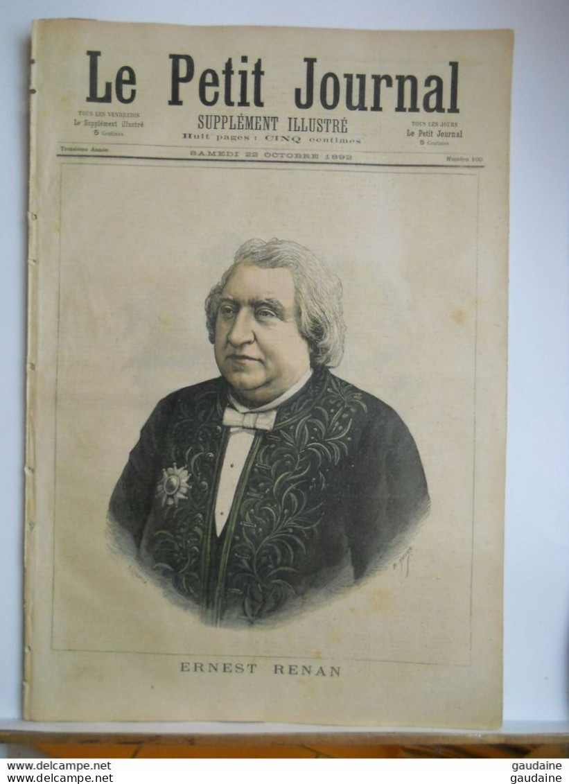 Le Petit Journal N°100 – 22 Octobre 1892 - Ernest RENAN - Rentrée Des Classes - ECOLES - Le Petit Journal