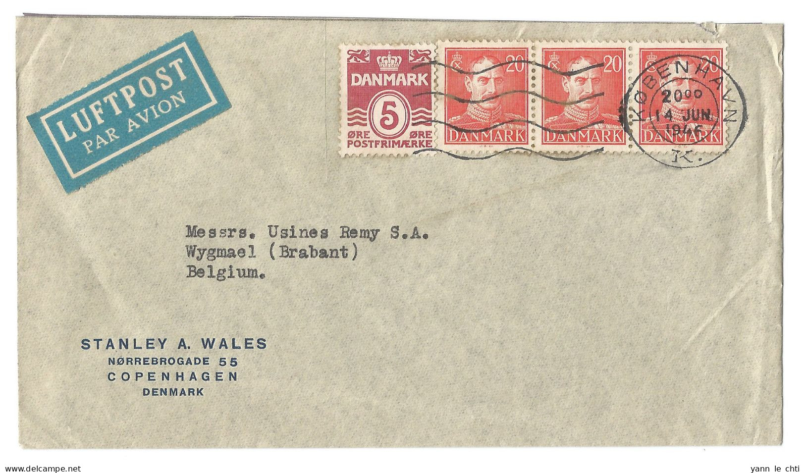 Brief Enveloppe Luftpost 1946 Stanley Wales Copenhagen Denmark N. Usines Remy Wygmael Belgique Belgie Bloc 3 X 20 Ore - Lettres & Documents