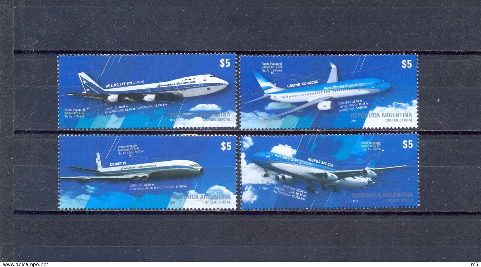 ARGENTINA - MNH - AIRPLANES -  MI.NO.3572/5 - CV = 10 € - Nuevos