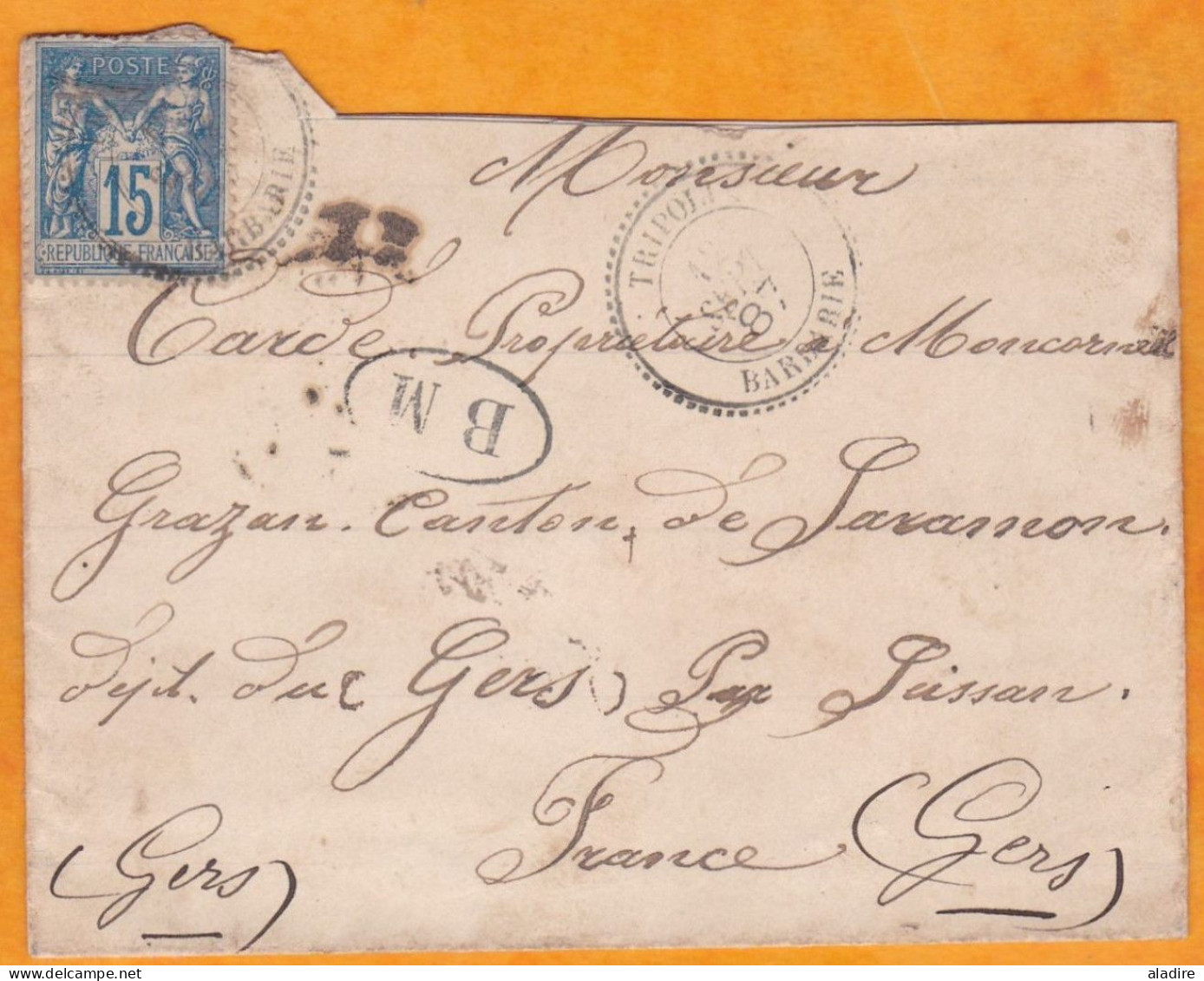 1887  15 C Sage Sur Enveloppe De Tripoli De Barbarie Vers Grazan, Gers Via Tunis, Toulouse - BM - Cad à Cercle Pointillé - Brieven En Documenten