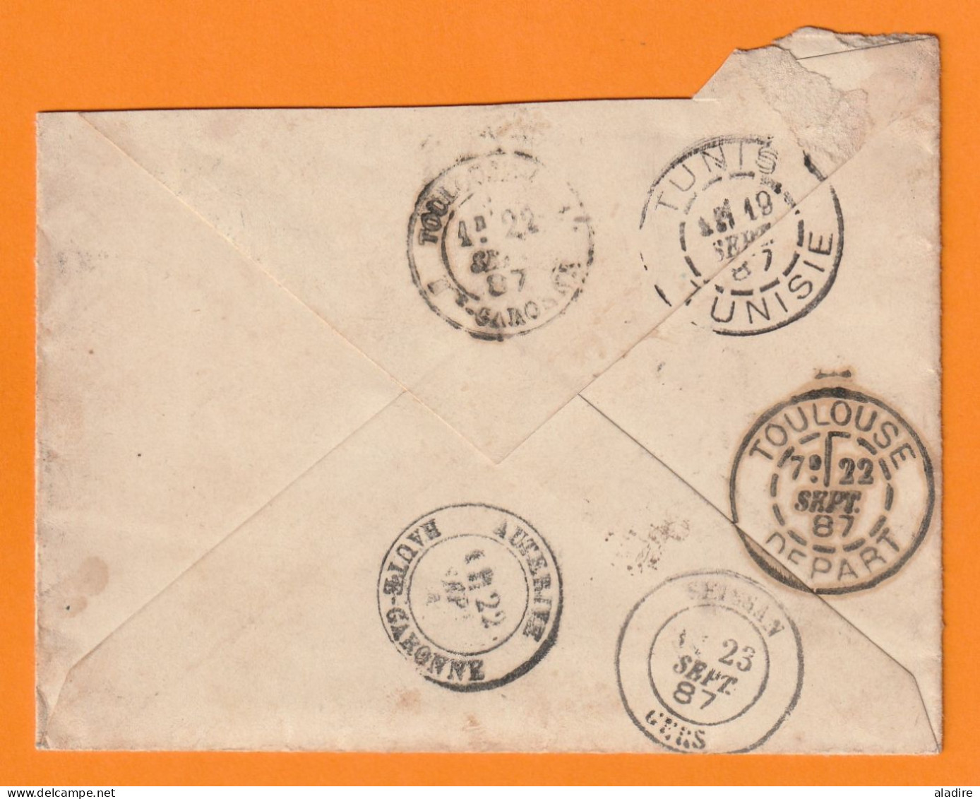 1887  15 C Sage Sur Enveloppe De Tripoli De Barbarie Vers Grazan, Gers Via Tunis, Toulouse - BM - Cad à Cercle Pointillé - Covers & Documents