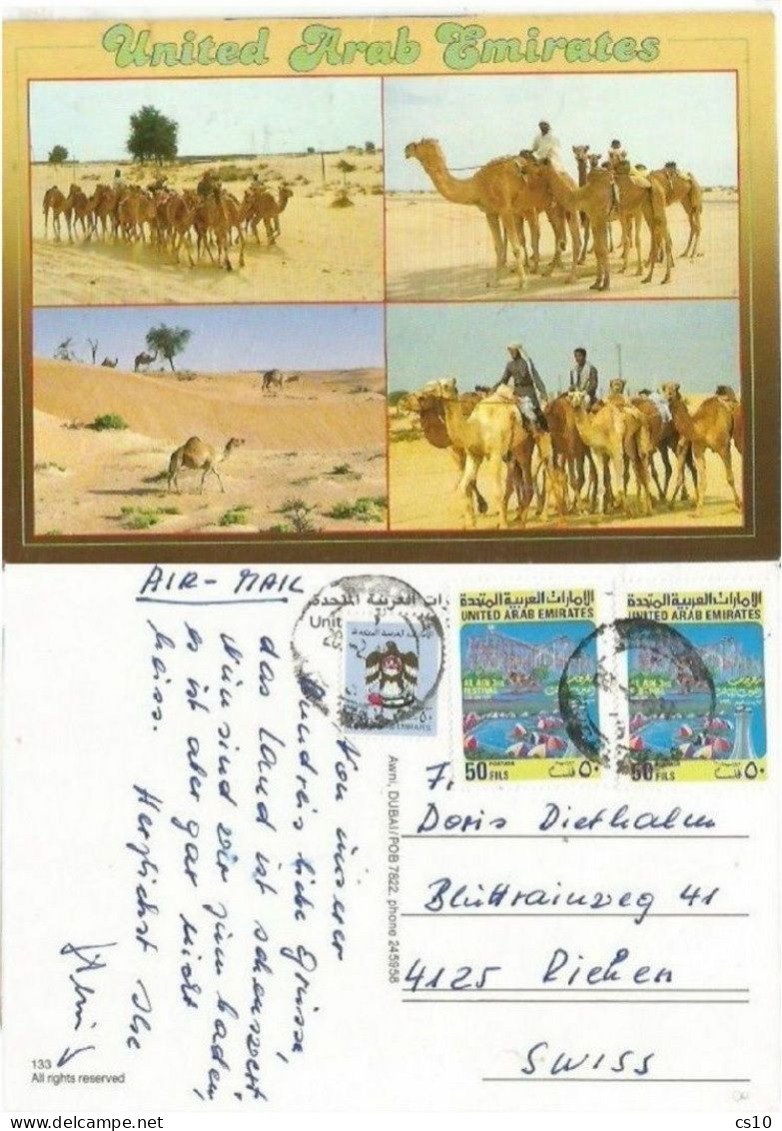 UAE Arab Emirates 4views Camels In The Desert - Pcard Dubai 20feb1992 X Italy With Festival F.50pair + Regular F.50 - Ver. Arab. Emirate