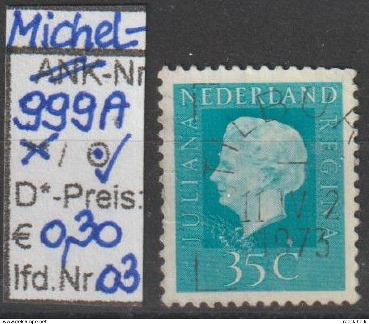 1972 - NIEDERLANDE - FM/DM "Königin Juliana" 35 C Grünblau - O Gestempelt - S. Scan (999Ao 01-06 Nl) - Used Stamps
