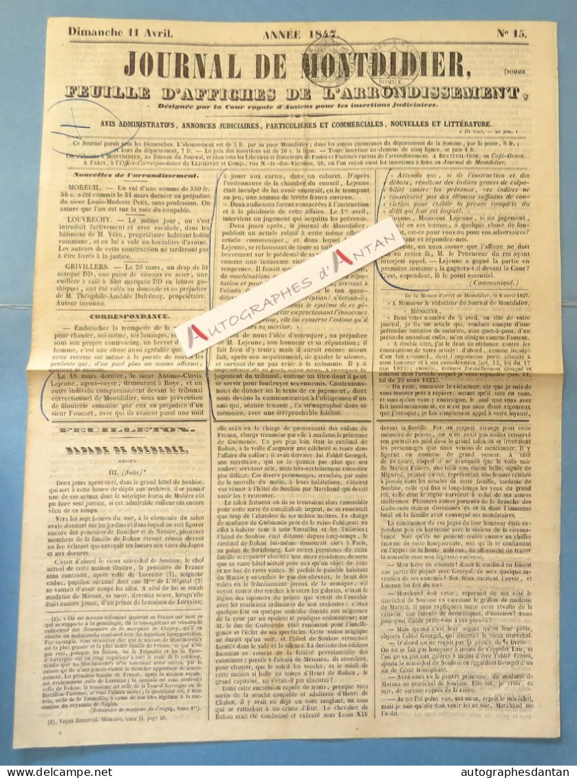 ● Journal De Montdidier Du 11 Avril 1847 - 4 Pages - Publicités - Cour Royale D'Amiens - Voir Mes 3 Photos - SOMME 80 - 1800 - 1849