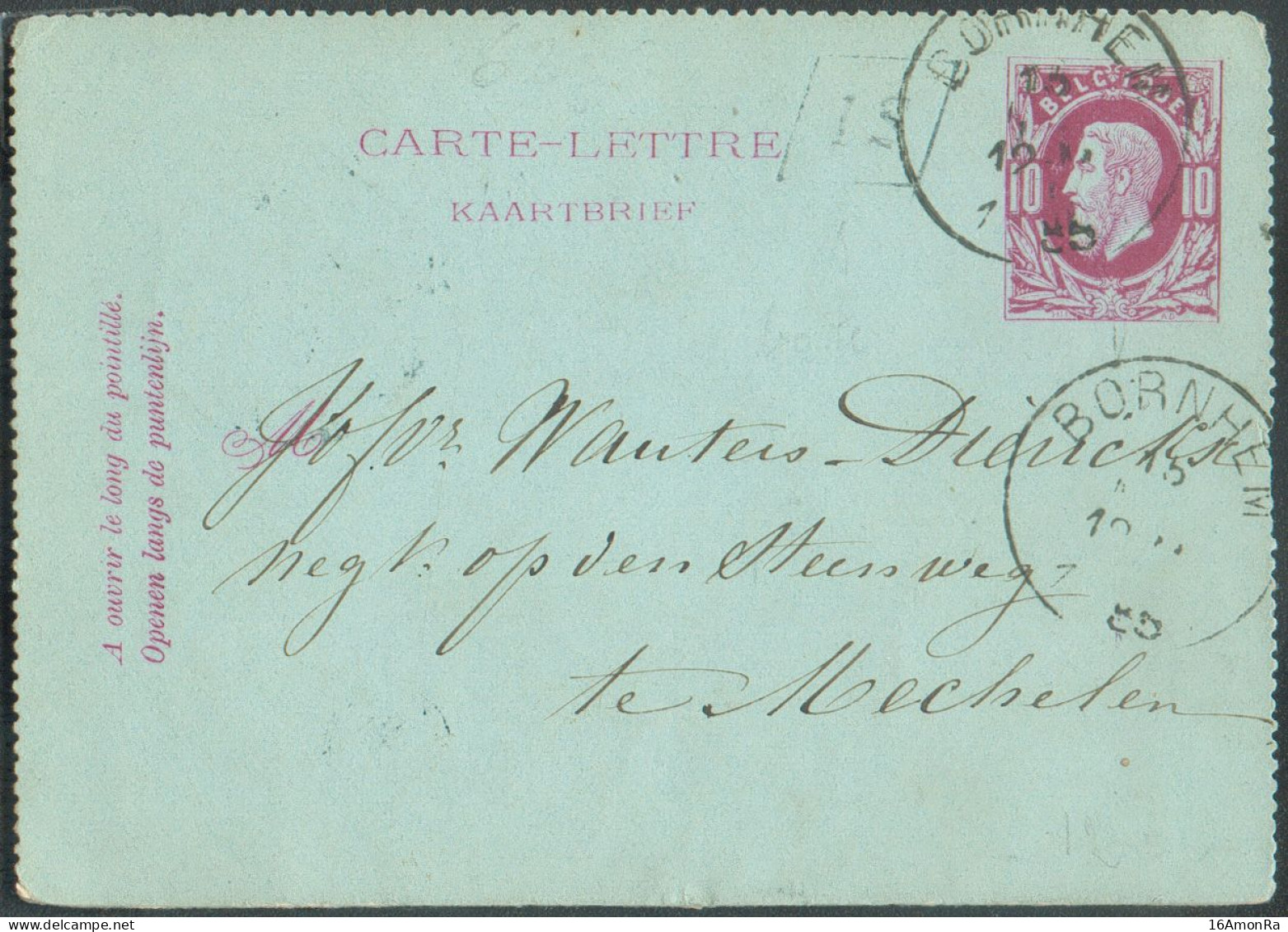 E.P. Carte-lettre 10c. Carmin S/bleu-vert, Obl. Sc BORNHEM 15 Mai 1885 + Boîte IS (en Parallélogramme) Vers Malines. - B - Kartenbriefe