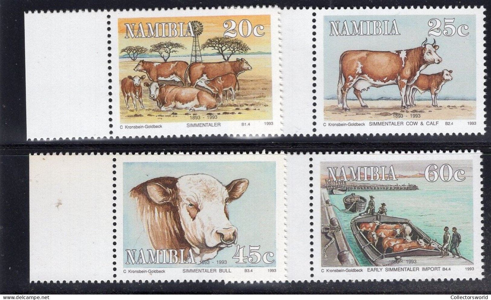 Namibia Serie 4v 1993  Simmentalar Cattle In Namibia Cow On Transport Boat MNH - Namibie (1990- ...)