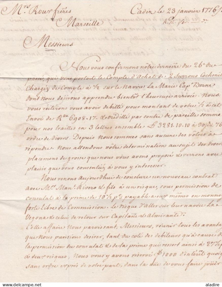 1776 - Lettre Pliée Avec Corresp De 2 P En Français De CADIZ, ANDALUCIA ALTA, Espagne Vers MARSEILLE, France - ...-1850 Prefilatelia