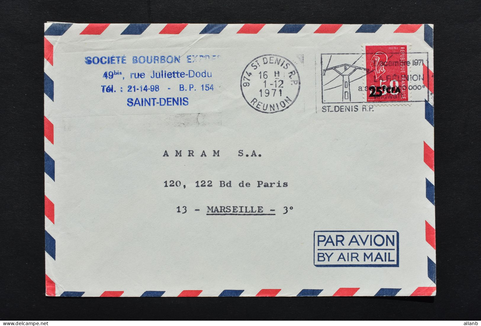 Réunion - CFA  Marianne De Béquet N° 393 Sur Lettre De Saint Denis Du 1er Décemlbre 1971 - Empreinte Sécap Très Rare - Briefe U. Dokumente