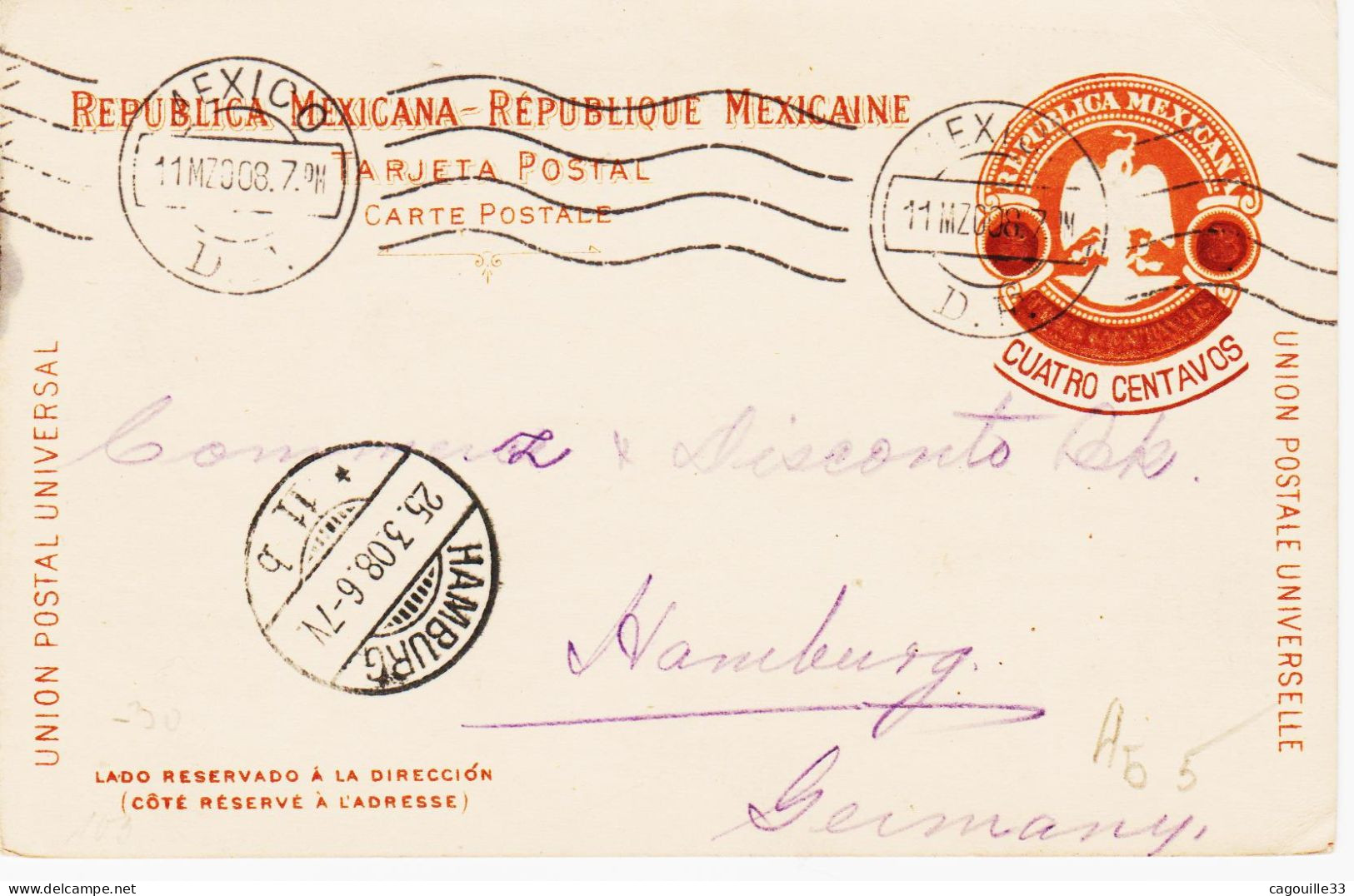 Mexique, De Mexico Df  Entier Postal  En 1908  Pour Hambourg  Sup - Mexique