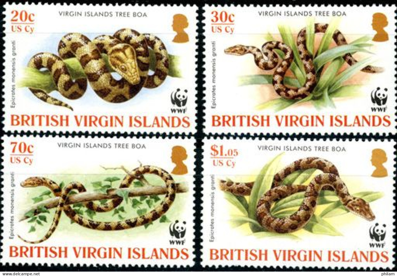 BRITISH VIRGIN 2005 - WWF - Tree Boa - 4 V. - Snakes