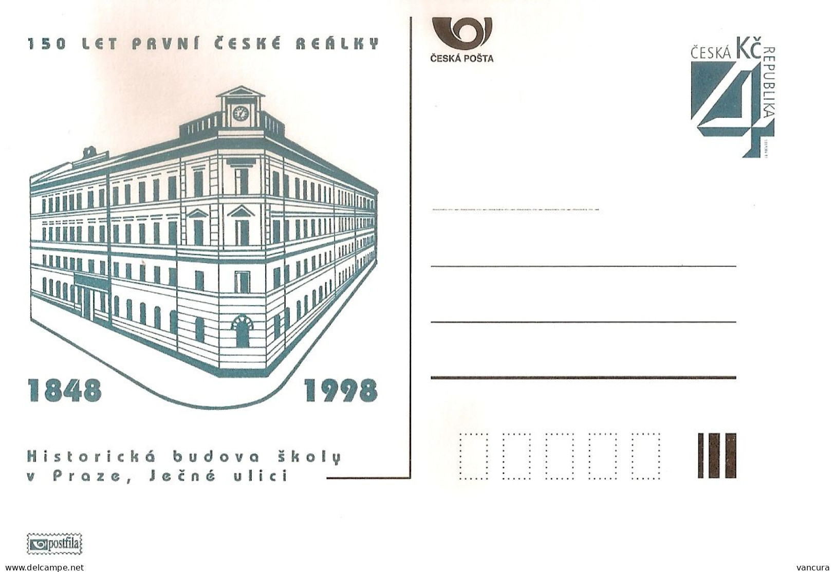 CDV B 118 Czech Republic First Czech Real Gymnasium Anniversary Prague 1998 NOTICE POOR SCAN, BUT THE CARD IS FINE! - Cartes Postales