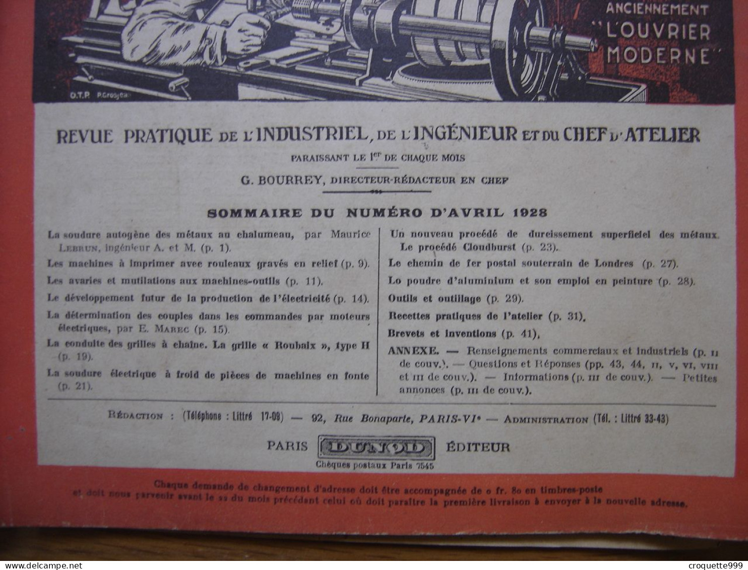 1928 Revue 1 Pratique Des Industries Mecaniques INGENIEUR CONTREMAITRE OUVRIER - Bricolage / Technique