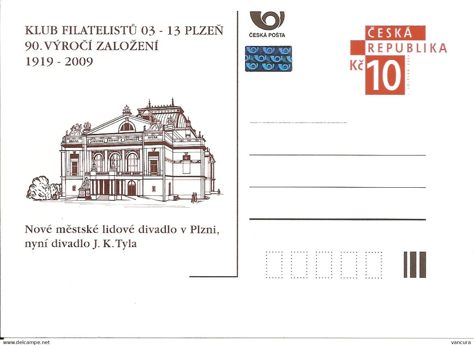 CDV B 635 Czech Republic 90 Years Of The Philately Club In Plzen/Pilsen 2009 Theatre In Pilsen - Cartes Postales