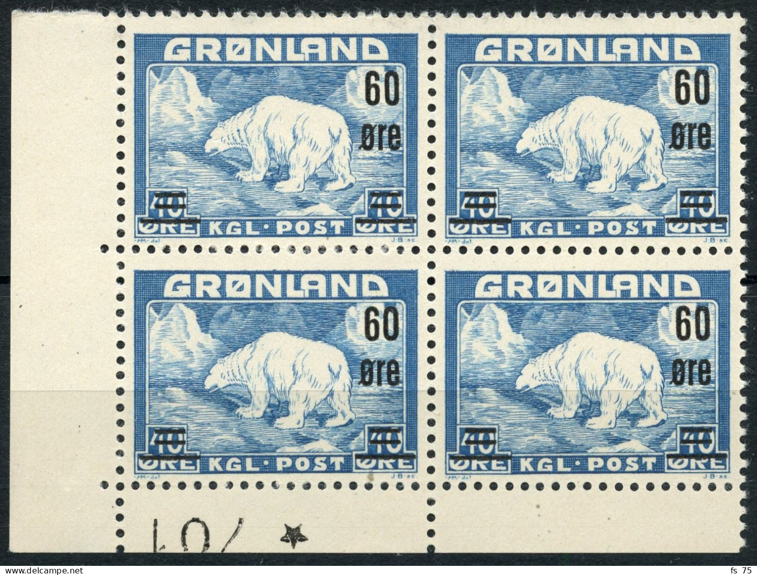 GROENLAND - YVERT 28 60 ORE / 40 ORE EN BLOC DE 4 COIN DE FEUILLE - NEUFS - SANS CHARNIERE - Unused Stamps