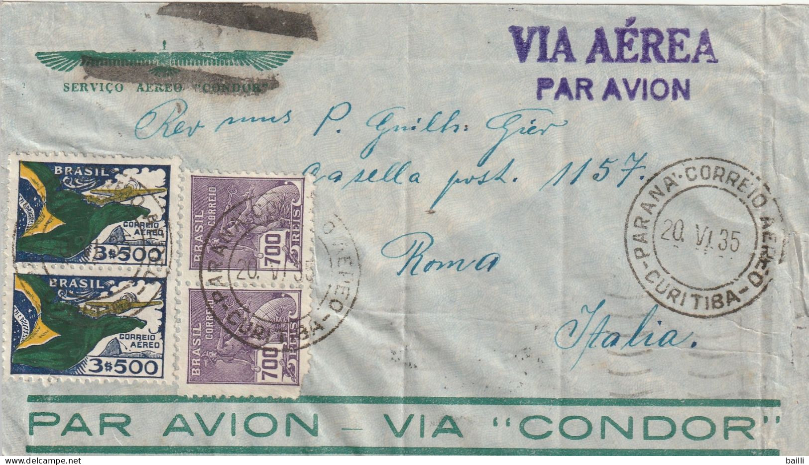 Brésil Lettre Aviation Pour L'Italie 1935 - Brieven En Documenten