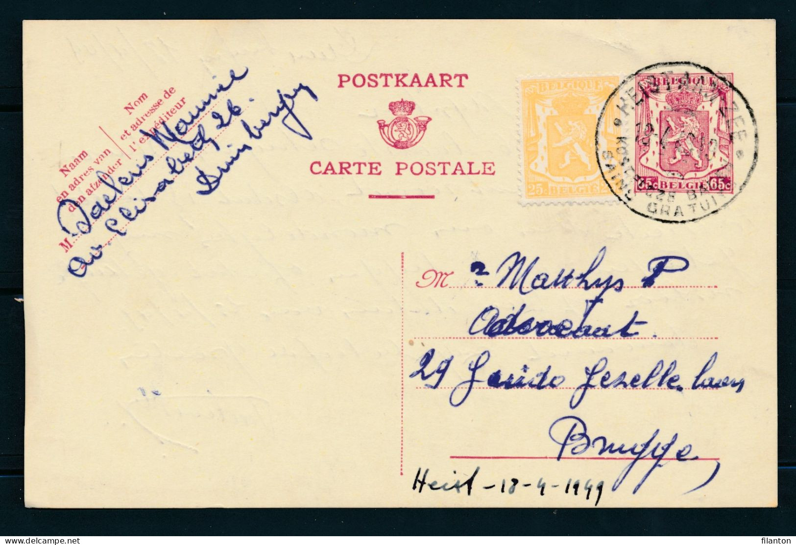 PWS - Cachet "HEIST-AAN-ZEE - KOSTELOZE BADEN - BAINS GRATUITES" Dd. 18-04-1949 - (ref.1729) - Postcards 1934-1951