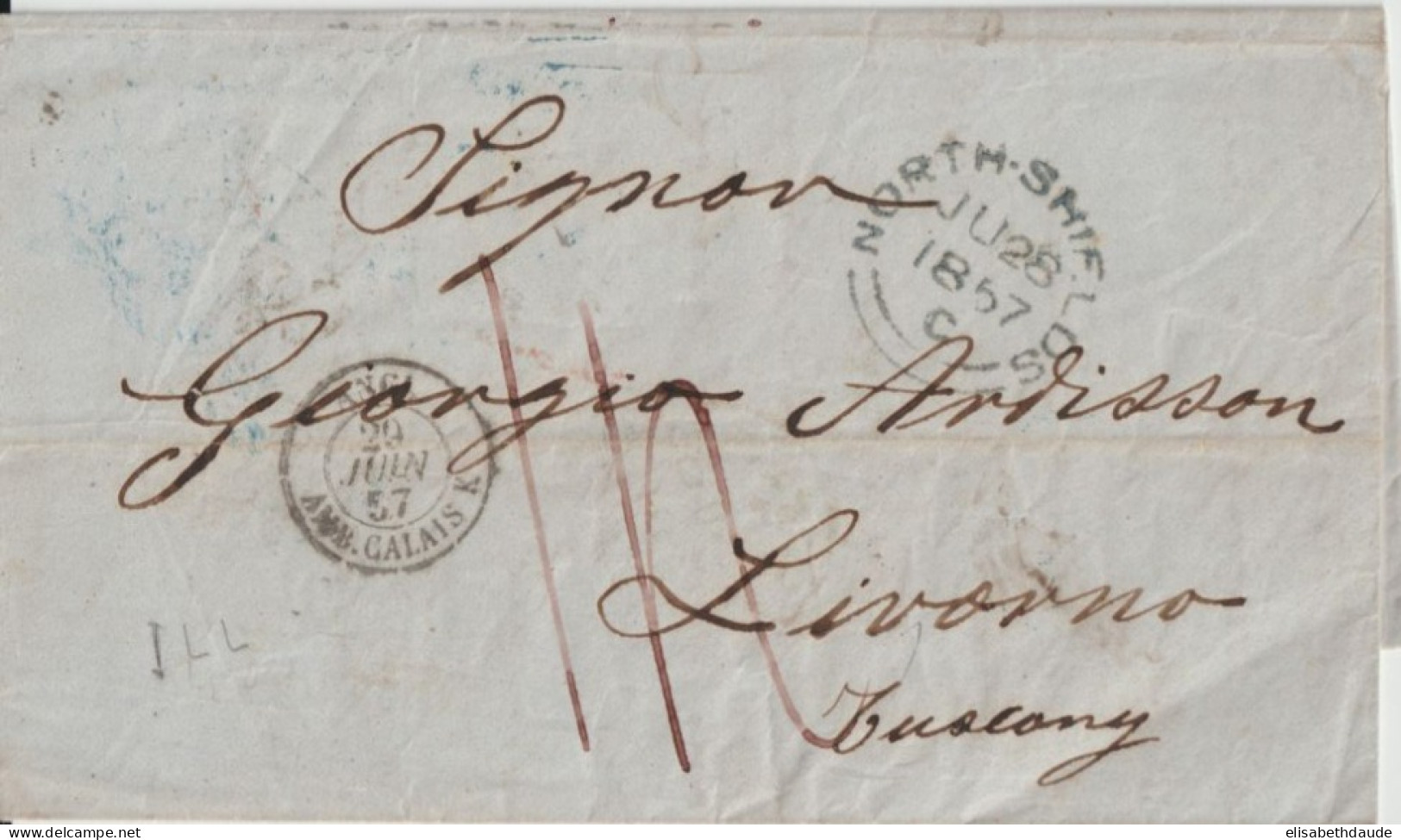 1857 - LETTRE De NORTH-SHIELDS (ANGLETERRE) => LIVORNO (ITALIE) TRANSIT En FRANCE Avec ENTREE AMBULANT CALAIS "K" - Entry Postmarks