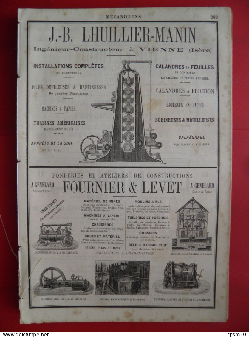 PUB 1884 - Machines Papier Lhuillier-Manin 38 Vienne, Fournier&Levet 71 Genelard, Prély&Laffleur 33 Bordeaux, Nickel - Publicités